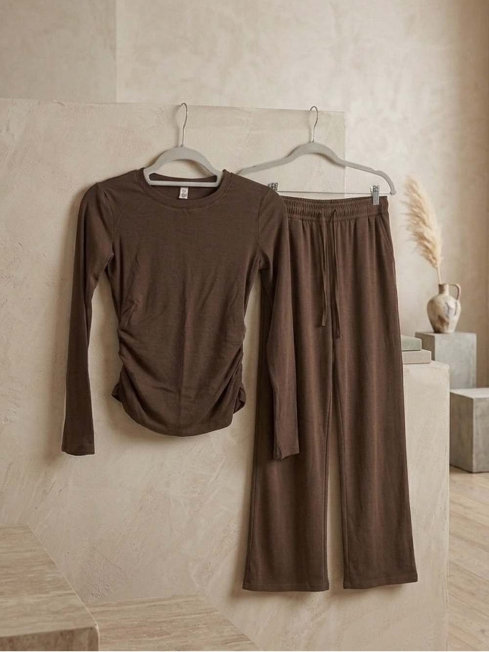 Wide-Leg Lounge Pants & Long Sleeve Top Set - Brown